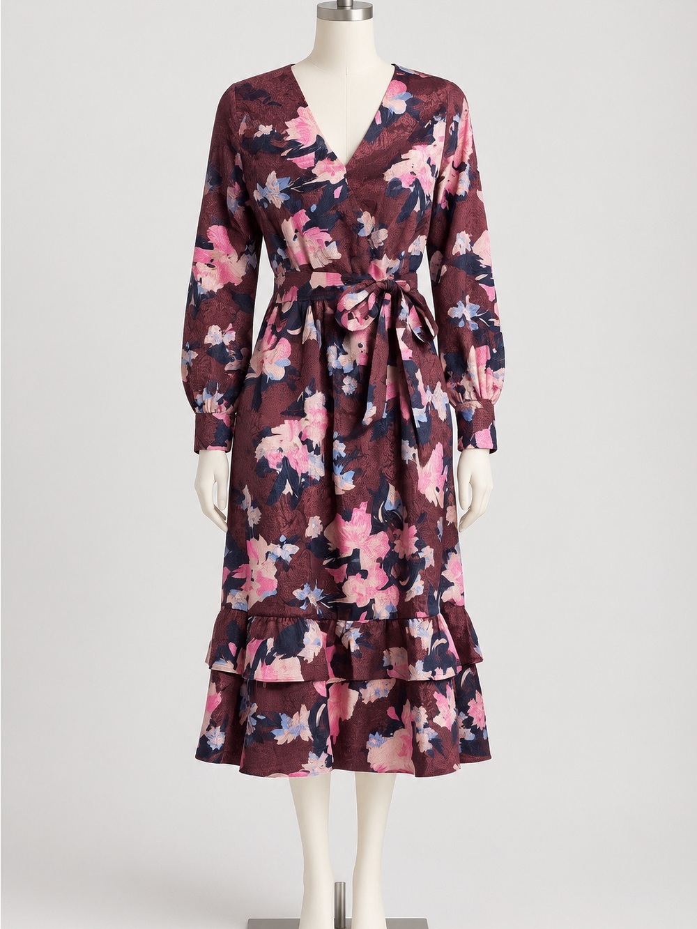 Caslon NWT Burgundy Floral Ruffle Tie Waist Long Sleeve Midi Dress Womenβs S